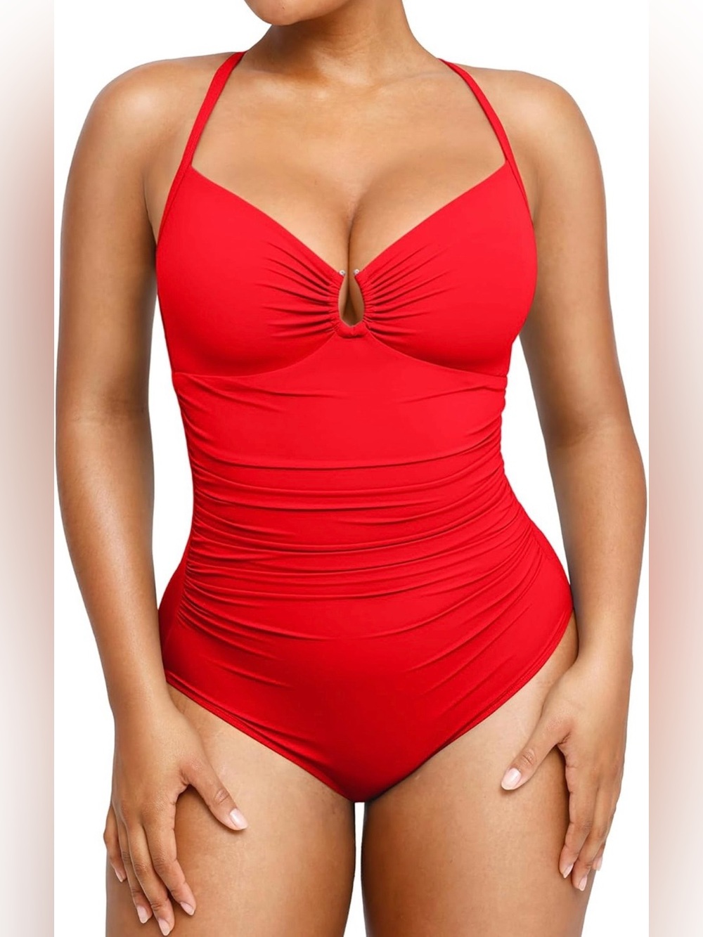 SHAPELLX Womens Tummy Control One Piece U-Ring Shapewear Swimwear Ruched Waist